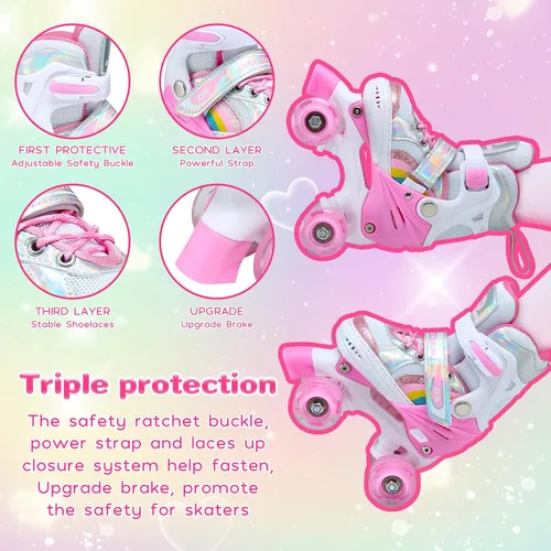 Miniatura 5 de Patines de ruedas para niños y niñas, 4 tallas ajustables, patines de arco iris para niñas con ruedas iluminadas, patines para niños pequeños