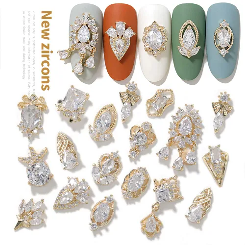 Miniatura 8 de Dijes y gemas para uñas, circonita de cobre dorado, múltiples formas 3D, diamantes de imitación de metal de lujo para uñas, 14 piezas