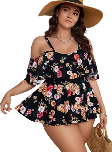 SOLY HUX Traje de baño tankini de 2 piezas para mujer, talla grande, estampado floral, hombros descubiertos, ribete de volantes, traje de baño, Azul