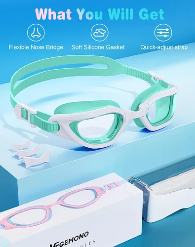 Miniatura 6 de Gafas de natación para niños en doble tono, almohadillas ajustables para la nariz y silicona suave a prueba de fugas (6-14), visión clara, antivaho