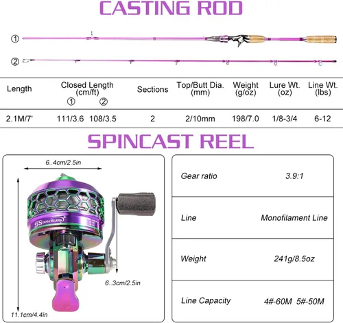 Miniatura 7 de Souagyilang Spincast Fishing Rod Reel Combo,2 Pieces Medium Heavy Pole with Super Smooth Reel Trouble-Free Push-Button Bait Casting Design for