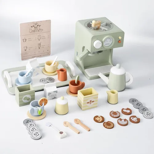 Pithfor Cafetera de madera para niños, juego de té y té, aparatos de cocina y accesorios de juguete de regalo para niños pequeños y niñas