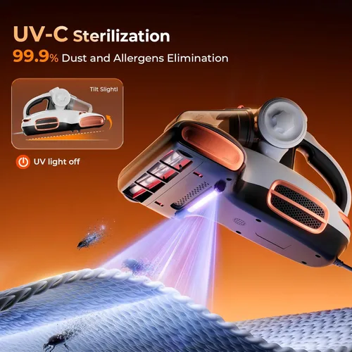 Miniatura 3 de JIGOO T600 Aspiradora de colchón con luz UV-C, succión de 15 kPa, 700 W de potencia, aspirador de mano de doble copa, limpiador de cama con sensor