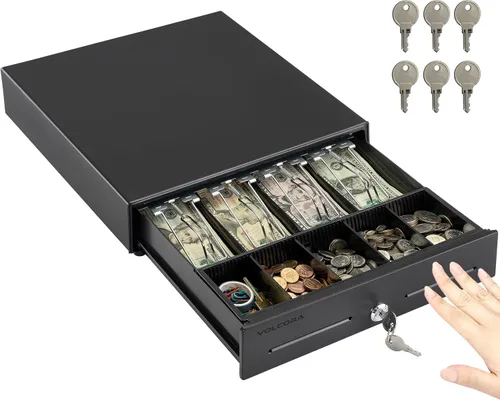 Volcora Cajón manual de 13" para caja registradora con apertura por presión para sistema de punto de venta (POS), cajón resistente color negro con 4