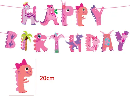 Miniatura 2 de Cartel de dinosaurio rosa, suministros para fiesta de cumpleaños de dinosaurio para niña