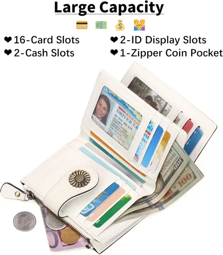Miniatura 2 de SENDEFN Carteras pequeñas para mujer, con bloqueo RFID, de cuero, plegable, tarjetero con ventana de identificación, 1 blanco