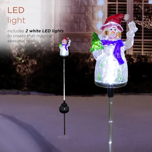 Miniatura 4 de Alpine Corporation Juego de 2 estacas solares de jardín de muñeco de nieve de 34 pulgadas de alto con luces LED de fibra óptica blanca, juego de 2