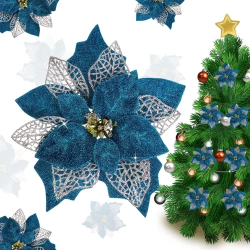 Jim's Cabin Paquete de 12 flores de Pascua artificiales con purpurina para adornos de árbol de Navidad, mariposas y decoraciones doradas (azul)