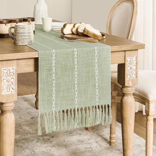 Miniatura 2 de ZeeMart Camino de Mesa Trenzado a Rayas Estilo Granja, Caminos de Mesa Verde Salvia Rústico 72 Pulgadas de Largo Decoración Boho para el Hogar