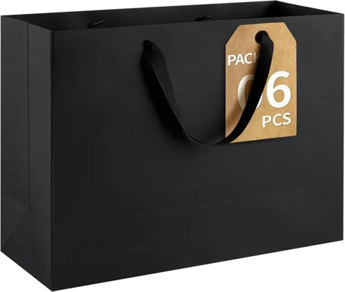 Miniatura 9 de Ohuimrt 6 bolsas grandes de regalo negras con asas, 12.5 x 4.5 x 11 pulgadas, bolsas de papel negro mate de alta calidad para fiestas, compras
