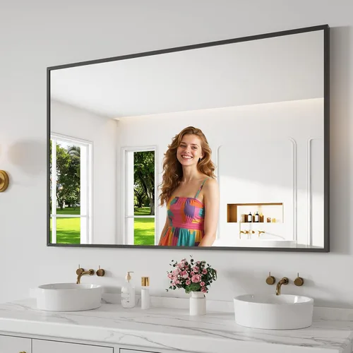 Miniatura 13 de Koonmi Espejo de baño, 30 x 30 pulgadas, espejo con marco de metal negro para baño, vidrio templado, antioxidante, espejo rectangular redondeado