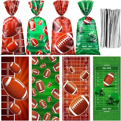 Jetec 100 bolsas de celofán de fútbol americano marrón y verde, bolsas de regalo de fútbol con lazos para eventos de equipo deportivo, suministros