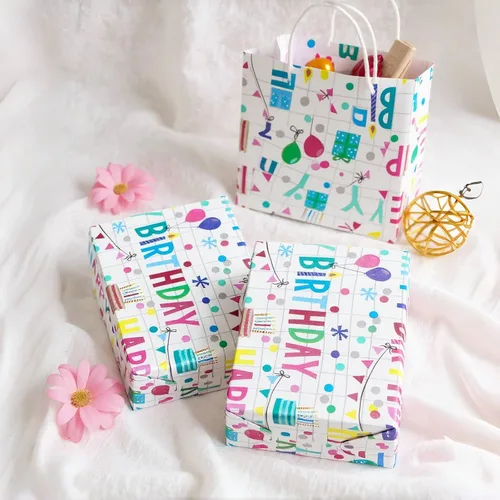 Miniatura 3 de Miss DuiDui Rollo de papel de regalo de feliz cumpleaños, 17 pulgadas x 32.8 pies, texto colorido diseño de feliz cumpleaños, embalaje de regalo