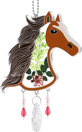 KY&BOSAM Atrapasoles de cristal pintado a mano con cabeza de caballo, campanilla de viento con flor prensada incrustada en ventana de cristal, Día