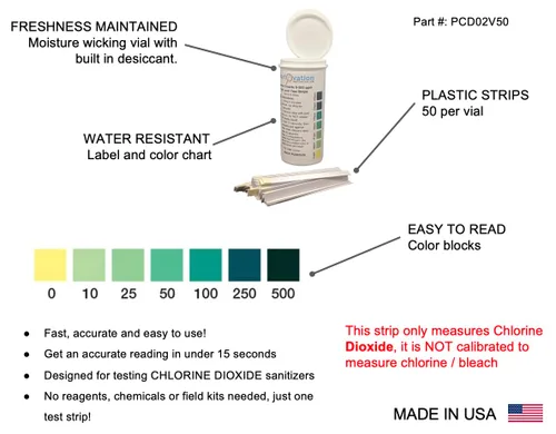 Miniatura 2 de Tiras reactivas de factor único de dióxido de cloro, 0-500 ppm [Vial de 50 tiras]