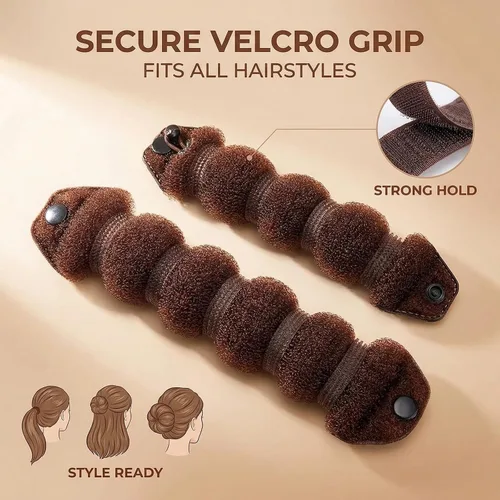 Miniatura 4 de Rosquilla de pelo mágica para formar rodetes, 3 piezas (1 grande y 2 pequeñas), con clip, Marrón