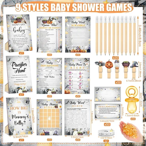 Miniatura 3 de Sherr 476 piezas Juegos de baby shower de Halloween 6 sets Actividades Tarjetas Juego de búsqueda de chupetes 50 chupetes Cuánto crece el vientre