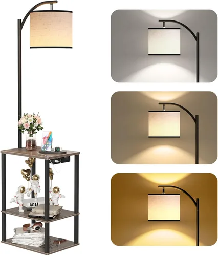 Lámpara de pie SUNMORY con mesa, mesa auxiliar para sala de estar con lámpara, mesa lateral con estantes y estación de carga (puerto USB y AC),