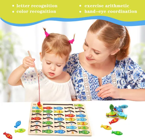 Miniatura 6 de Slotic Juego de pesca de madera magnético para niños pequeños – Alfabeto ABC Fish Catching Counting Aprendizaje Educación Matemáticas Preescolar