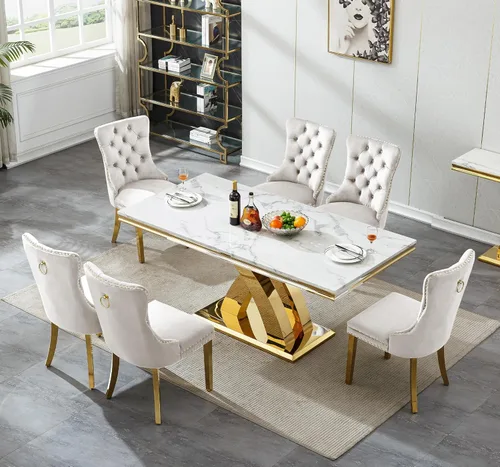 Miniatura 2 de Juego de mesa de comedor de 7 piezas con sillas, mesa de comedor de mármol sintético y sillas beige para 6, juego de mesa de comedor de oro blanco