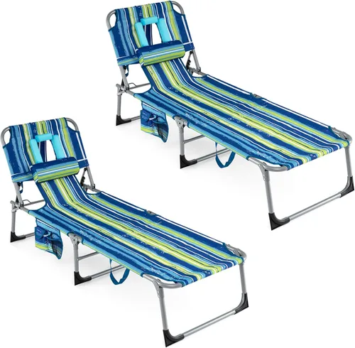 Miniatura 20 de COSTWAY Silla de salón plegable de playa, silla de bronceado con agujero para la cara, respaldo ajustable de 5 posiciones, almohada y bolsillo