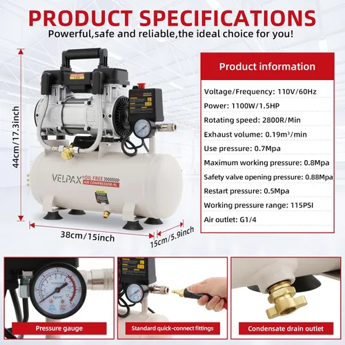 Miniatura 3 de Compresor de aire ultra silencioso, solo 60dB, tanque de 2.4 galones, sin aceite, 110V/60Hz 1.5HP, 6.71CFM a 115PSI, compresor de aire perfecto