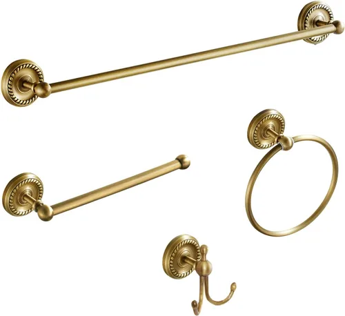 Juego de 4 accesorios de baño de latón antiguo dorado – Toallero de 24 pulgadas, accesorios de baño de latón antiguo – Juego de accesorios de baño