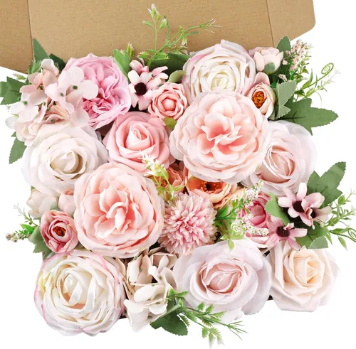 Miniatura 10 de AmyHomie - Juego de flores artificiales blancas, mezcla de seda, peonía, rosa, hortensia, margarita, con tallo, para bricolaje, centros de mesa