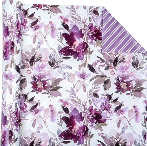 Miniatura 4 de WRAPAHOLIC Papel de regalo floral reversible, mini rollo, 17 pulgadas x 33 pies, diseño floral morado para bodas, cumpleaños, día de San Valentín