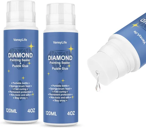 VansyLife Paquete de 2 selladores de pintura de diamantes de 8.1 fl oz con cabeza de esponja, pegamento de pintura de diamante 5D y pegamento de
