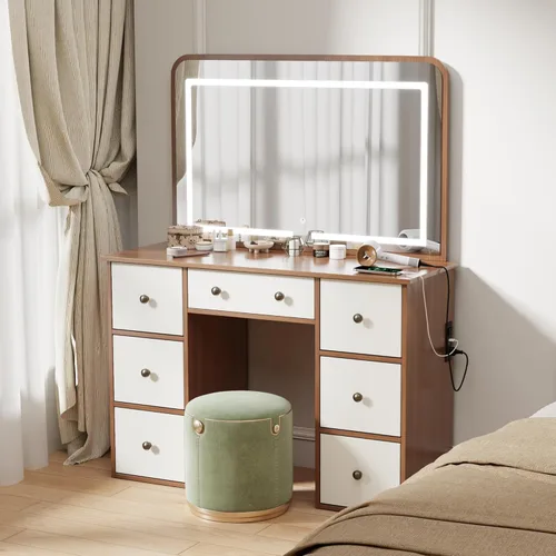 Miniatura 7 de wanan Escritorio de maquillaje con espejo y luces, mesa de tocador de madera con toma de corriente, escritorio de maquillaje con 7 cajones, tocador