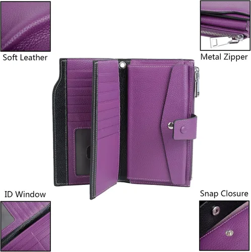 Miniatura 5 de YALUXE Cartera de piel auténtica para mujer, con bloqueo RFID, tarjetero múltiple con bolsillo para teléfono celular