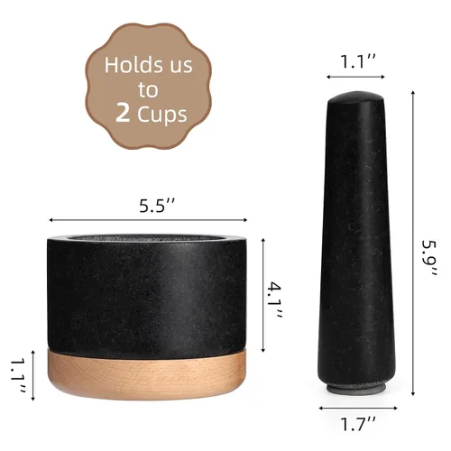 Miniatura 2 de Juego de mortero y maja con base de madera, cuencos de granito para guacamole, cuenco de aguacate pulido para salsa antiarañazos, especias
