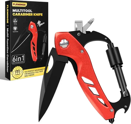 Miniatura 10 de Herramienta múltiple con mosquetón con cuchillo de bolsillo, equipo de supervivencia para camping y senderismo, llavero con mosquetones EDC