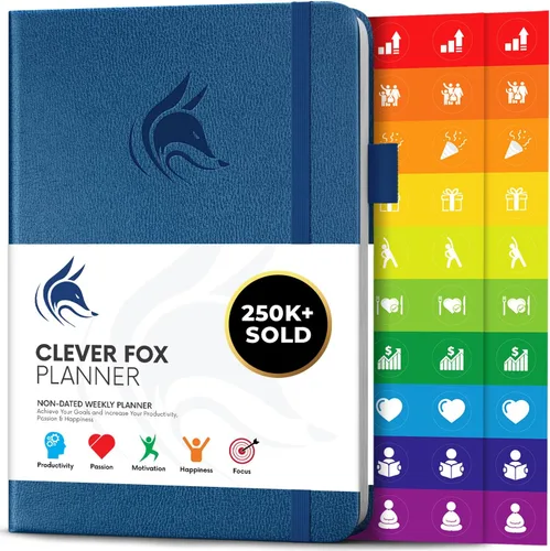 Clever Fox Planner – Planificador semanal y mensual sin fecha para productividad, manejo del tiempo y objetivos – Diario organizador – A5 (Azul Azul