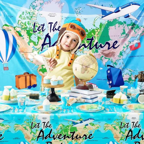 Miniatura 6 de WERNNSAI Mantel de viaje – 1 mantel de 108 x 54 pulgadas con mapa del mundo Adventure World Awaits Bon Voyage - Decoraciones de fiesta