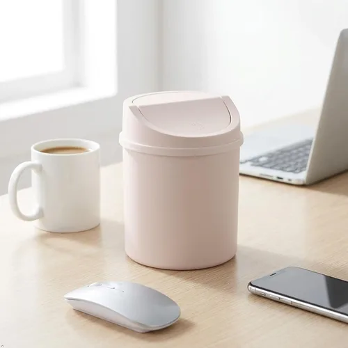 Miniatura 4 de Bote de basura de plástico de 2 L con tapa giratoria, pequeño cubo de basura con tapa giratoria, color rosa