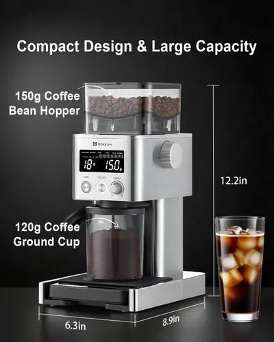 Miniatura 9 de MOKKOM Molinillo de café eléctrico con báscula de café extraíble, molinillo de granos de café cónico antiestático, 31 ajustes precisos para verter