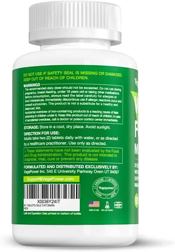 Miniatura 9 de Multivitamínico vegano de alimentos integrales con hierro, multivitamínico diario para hombres y mujeres, multivitaminas metiladas, complejo B
