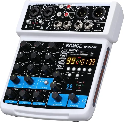 BOMGE Consola Mezcladora de Audio Profesional de 4 Canales, Consola de Mezcla de Sonido con USB, Bluetooth, Grabación Estéreo, Alimentación Fantasma