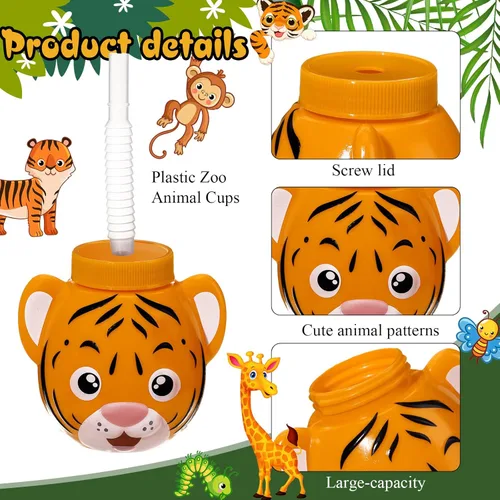 Miniatura 3 de Hoolerry 12 juegos de vasos de animales del zoológico con pajitas y tapas, 10 oz vasos de plástico reutilizables con temática de safari y animales