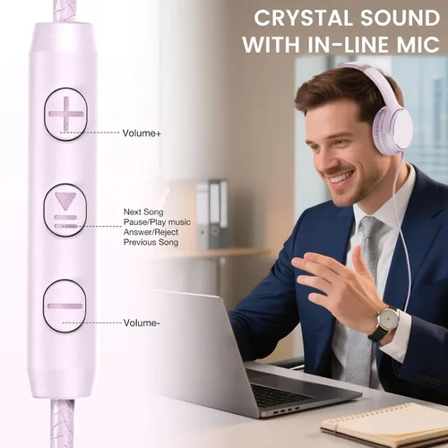 Miniatura 6 de Auriculares con cable USB C sobre la oreja con micrófono, control de volumen, puerto compartido y diadema ajustable, auriculares estéreo plegables