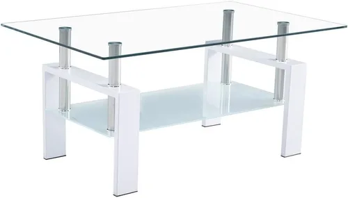 Miniatura 10 de Mesa de centro de cristal de 2 niveles, mesa de centro de vidrio templado, mesa central moderna rectangular mesa de té ovalada de vidrio con estante