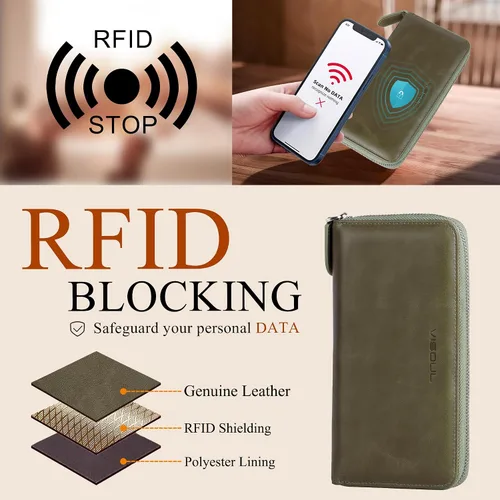 Miniatura 71 de VISOUL Cartera larga de cuero con cremallera para hombres y mujeres con bloqueo RFID, cartera larga de embrague grande con cremallera, Negro
