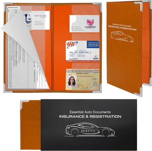 Miniatura 4 de Paquete de 2 soportes para tarjetas de seguro de esquina y documentos de registro, cartera premium con cierre magnético (Tangerina)