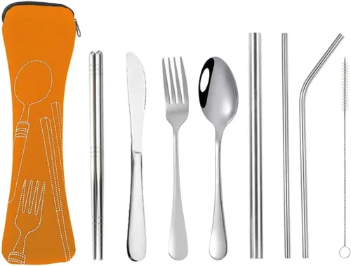 Miniatura 5 de Hoshen Cuchillo de acero inoxidable, tenedor, cuchara, palillos, vajilla de paja, juego de ocho piezas de vajilla occidental, cuchillo y tenedor