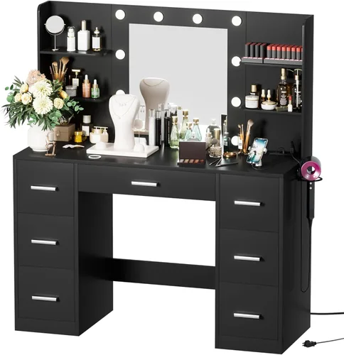 Miniatura 7 de VICTONE Escritorio de tocador con espejo iluminado LED y toma de corriente, 3 modelos de luces, mesa de tocador de maquillaje con 7 cajones y 6