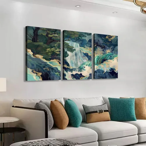 Miniatura 2 de 3 piezas de lienzo japonés enmarcado para pared, pintura de paisaje de cascada grande, póster impreso en lienzo envolvente, obra de arte