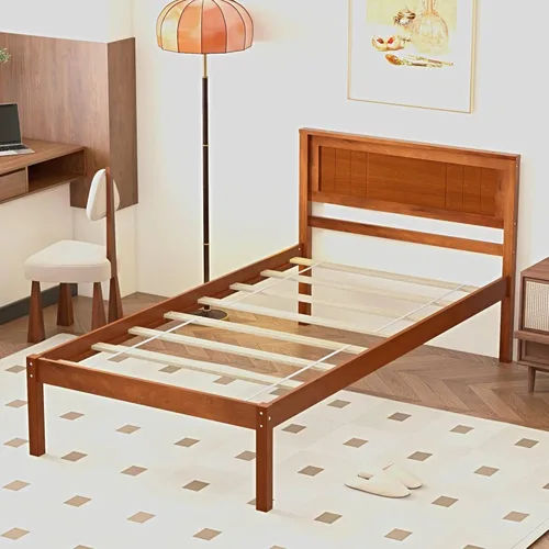 Miniatura 4 de KOMFOTT Marco de Cama de Madera Tamaño Twin con Cabecero, Marco de Cama de Madera Maciza con Soporte de Listones, Almacenamiento Debajo de la Cama
