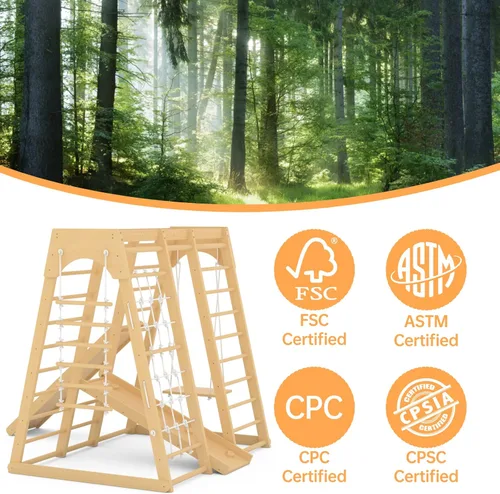 Miniatura 7 de Gimnasio de la selva para niños pequeños, juego de patio interior de 66 pulgadas con columpio, pared de escalada en roca, tobogán, barras de mono
